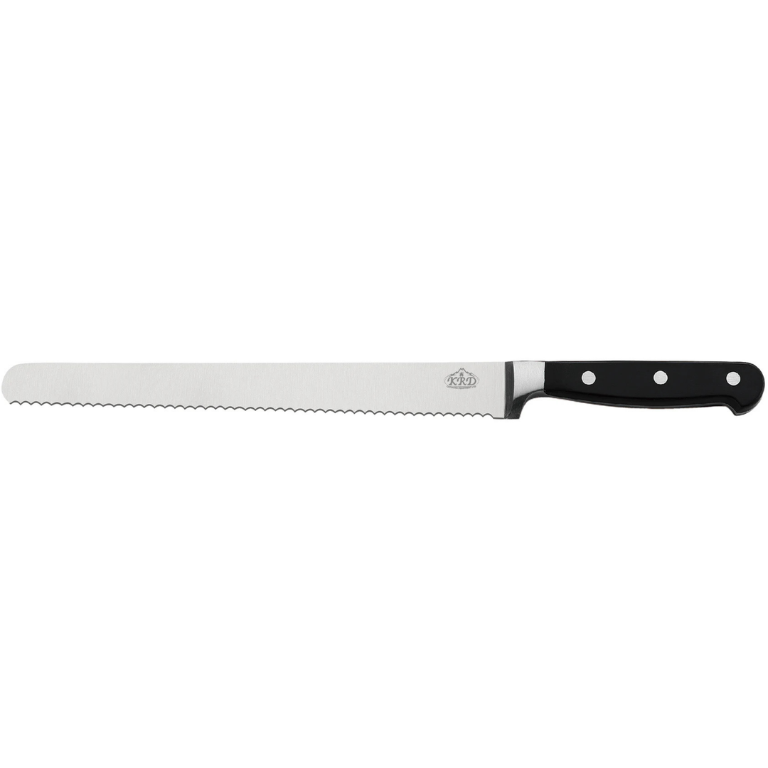 KRD 30cm Serrated Slicer Knife 2.5mm Thickness Black Handle bread slicer 502E601, stainless steel blade for precise slicing.