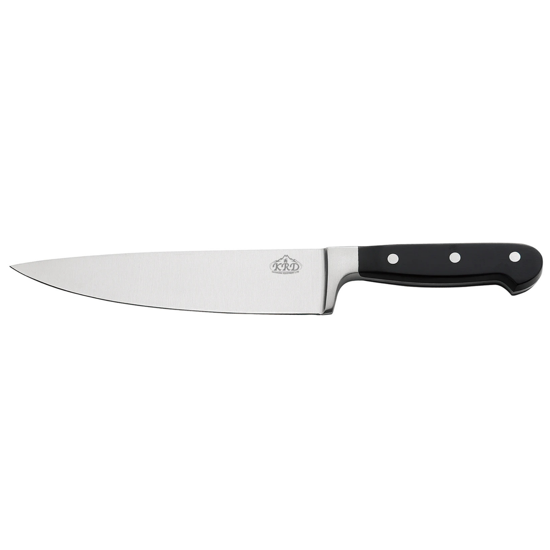KRD 8" Chef Knife Black 2.5mm Thickness 50201, stainless steel blade, designed for slicing and intricate kitchen tasks.