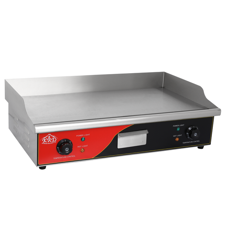 KRD Commercial Electric Flat Smooth Griddle 730x460x250mm 3.6kw KEG-820S with stainless steel surface and temperature controls.