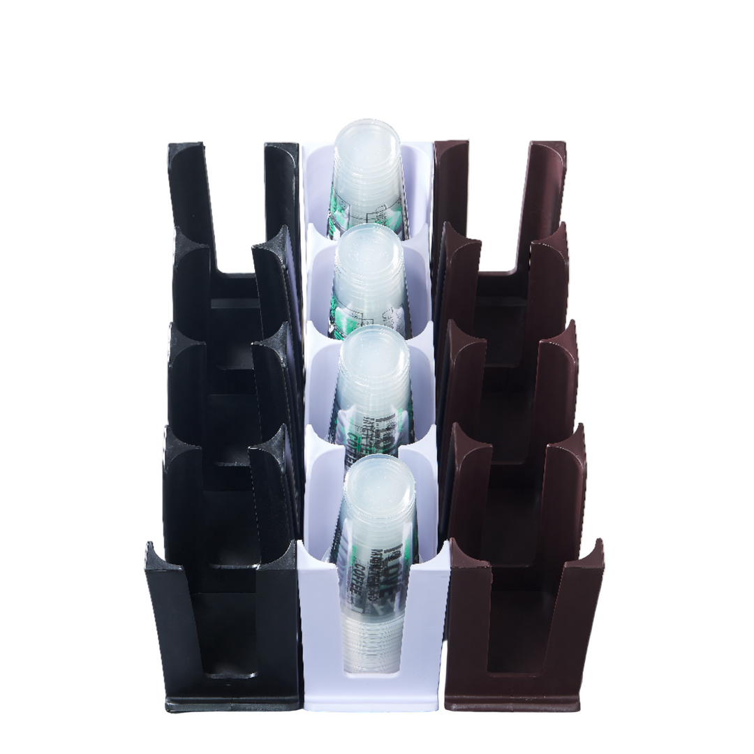 Tilted Coffee Cup Holder Rack 4-Slots Polypropylene Coloured for commercial catering equipment, featuring black, white, and brown slots.