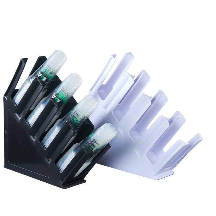 Tilted Coffee Cup Holder Rack 4-Slots Polypropylene Coloured with black and white cups, ideal for commercial kitchen equipment.