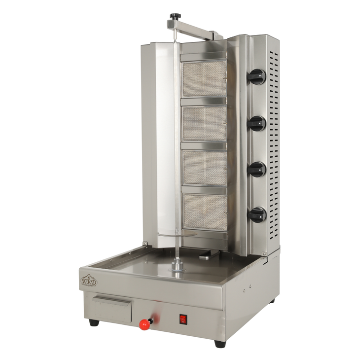 KRD Professional Gyros/Kebab grill Gas Movable body 4 Burners, stainless steel construction, commercial kitchen equipment.
