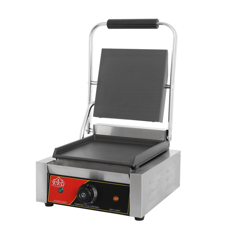 KRD Heavy Duty Panini Contact grill Single Smooth 1.8kw KEG-811B with stainless steel casing and ribbed plate for commercial kitchen use.