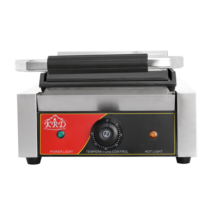 KRD Heavy Duty Panini Contact grill Single Smooth 1.8kw KEG-811B with stainless steel casing and temperature control for commercial kitchen.