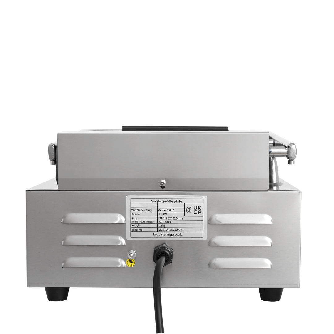 KRD Heavy Duty Panini Contact grill Single Smooth 1.8kw KEG-811B stainless steel construction with clear temperature control panel.