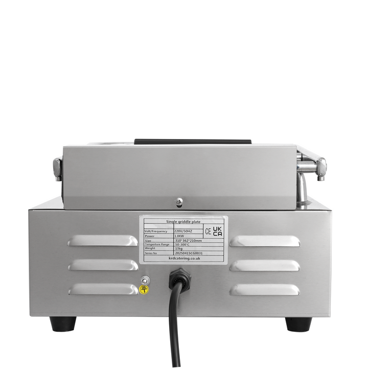 KRD Heavy Duty Panini Contact grill Single Smooth 1.8kw KEG-811B stainless steel construction with clear temperature control panel.
