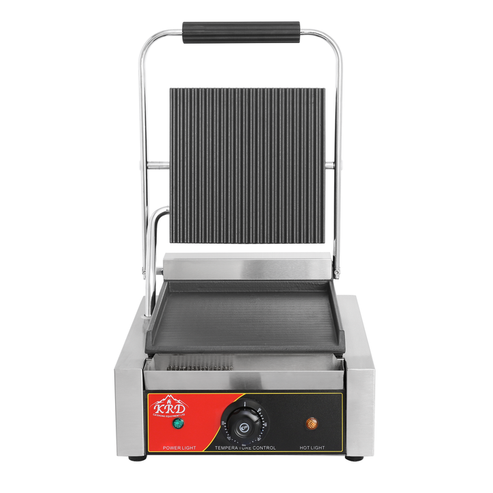 KRD Heavy Duty Panini Contact grill Single Ribbed Top / Flat 1.8kw KEG-811C with ribbed cast iron plates and stainless steel casing.