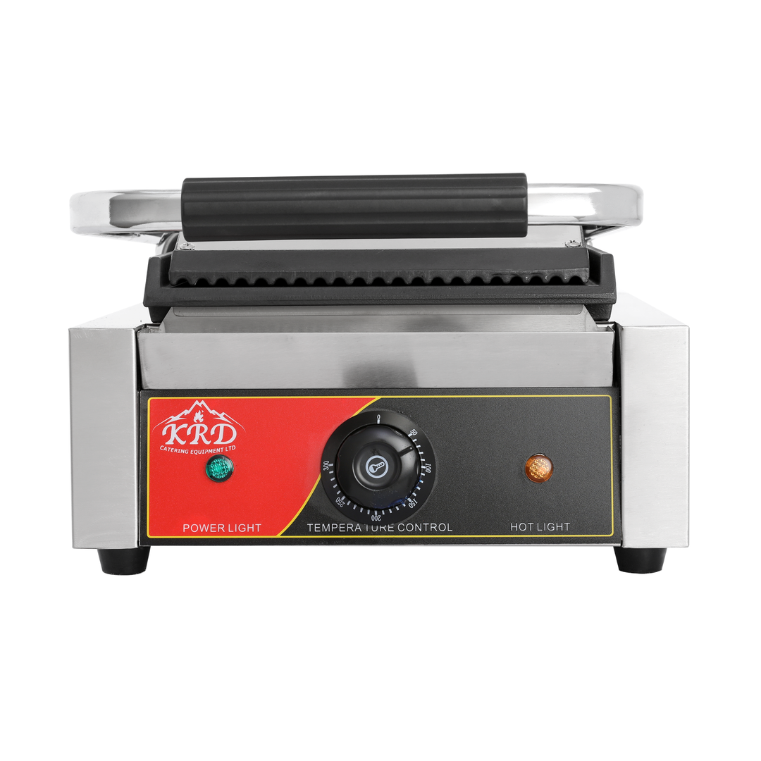 KRD Heavy Duty Panini Contact grill Single Ribbed Top / Flat 1.8kw KEG-811C with stainless steel body and adjustable temperature control.