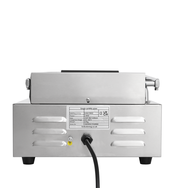 KRD Heavy Duty Panini Contact grill Single Ribbed Top / Flat 1.8kw KEG-811C stainless steel construction with temperature control.