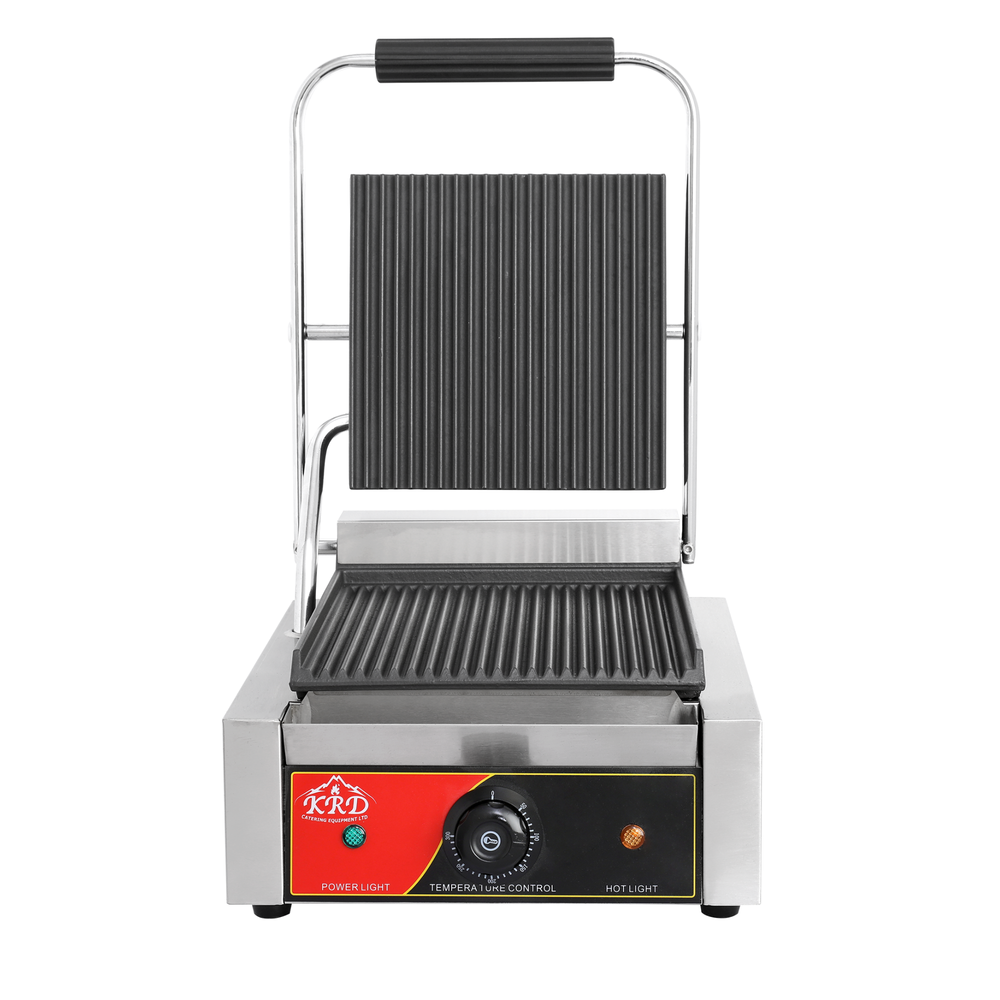 KRD Heavy Duty Panini Contact Grill Single Ribbed 1.8kw KEG-811A with ribbed cast iron plates and stainless steel casing.