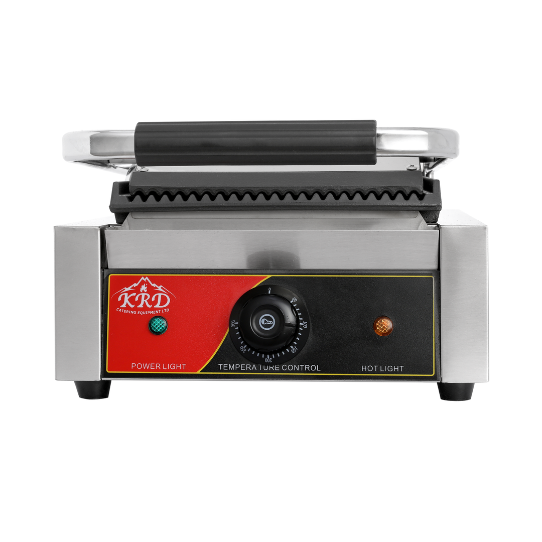 KRD Heavy Duty Panini Contact Grill Single Ribbed 1.8kw KEG-811A with stainless steel casing and temperature control knob.