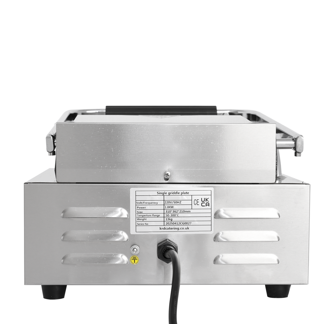 KRD Heavy Duty Panini Contact Grill Single Ribbed 1.8kw KEG-811A with stainless steel casing and ribbed plate design.