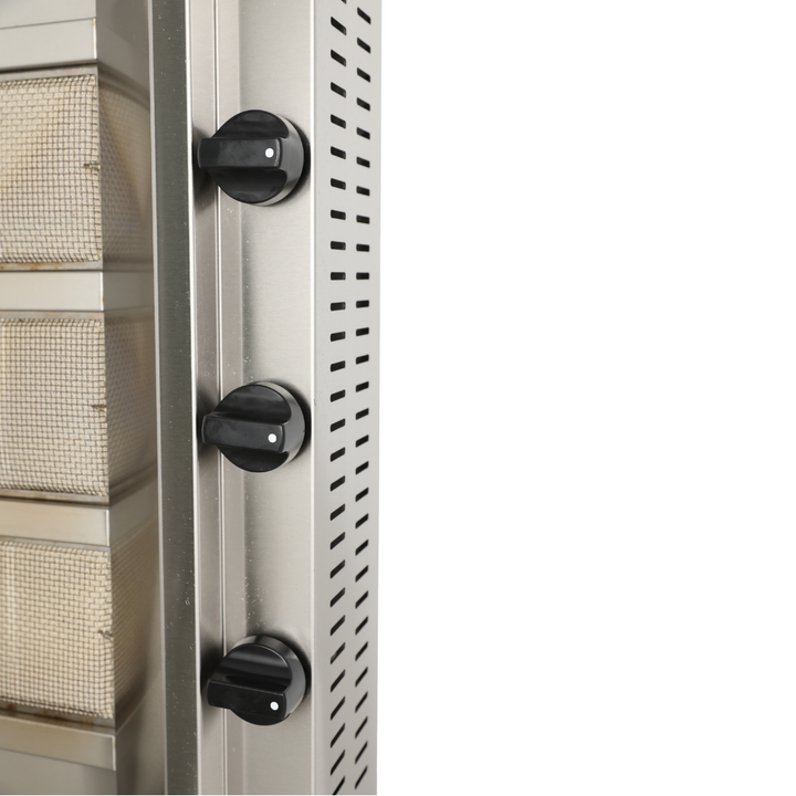 Close-up of KRD Professional Gyros/Kebab grill Gas Movable body 3 Burners control knobs, showcasing stainless steel construction.