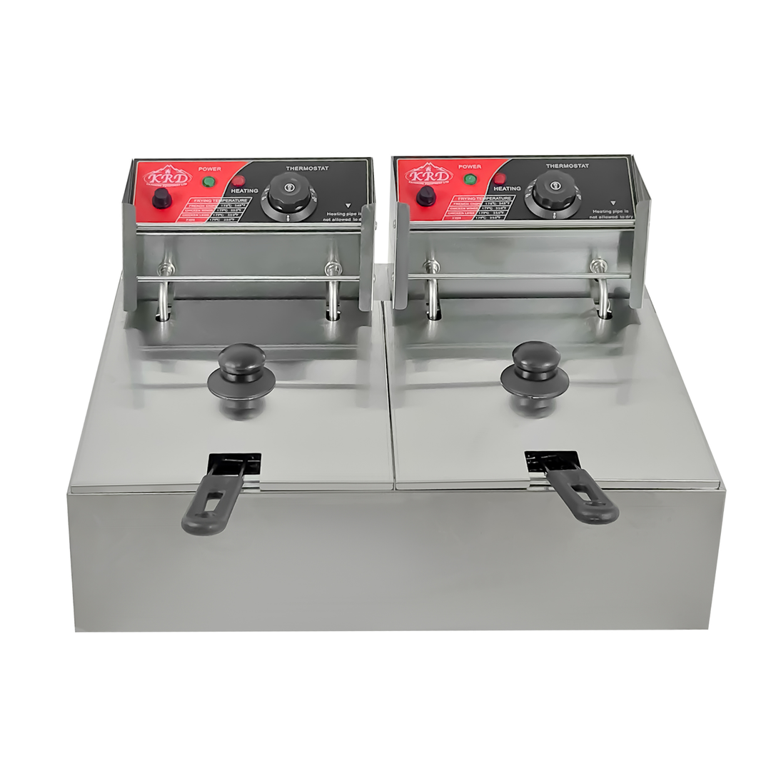 KRD Double Tank Electric Fryer 2 x 6 Litre Commercial Countertop 5kW with stainless steel design and dual independent tanks.