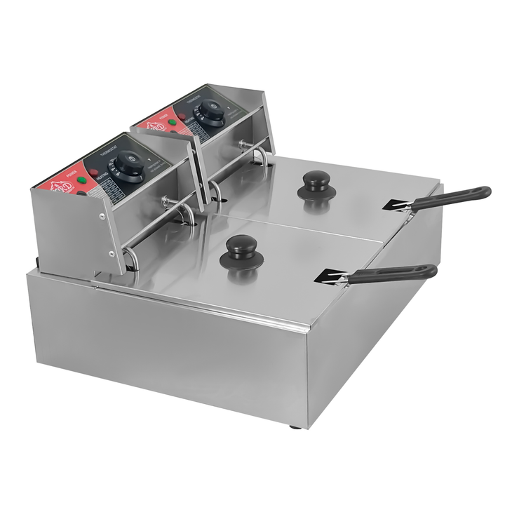 KRD Double Tank Electric Fryer 2 x 6 Litre Commercial Countertop 5kW in stainless steel with two independent tanks and controls.