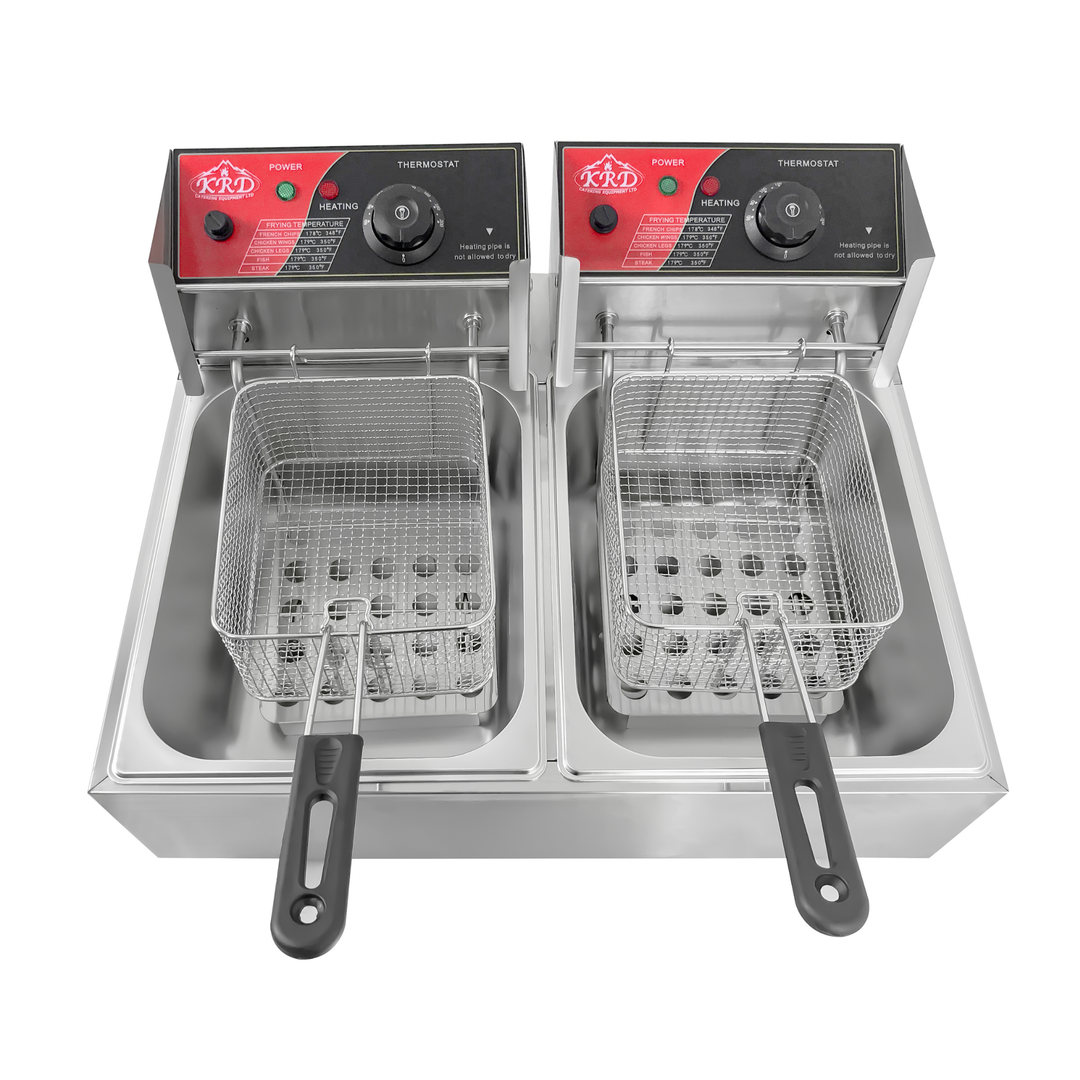 KRD Double Tank Electric Fryer 2 x 6 Litre Commercial Countertop 5kW with two independent tanks and stainless steel design.