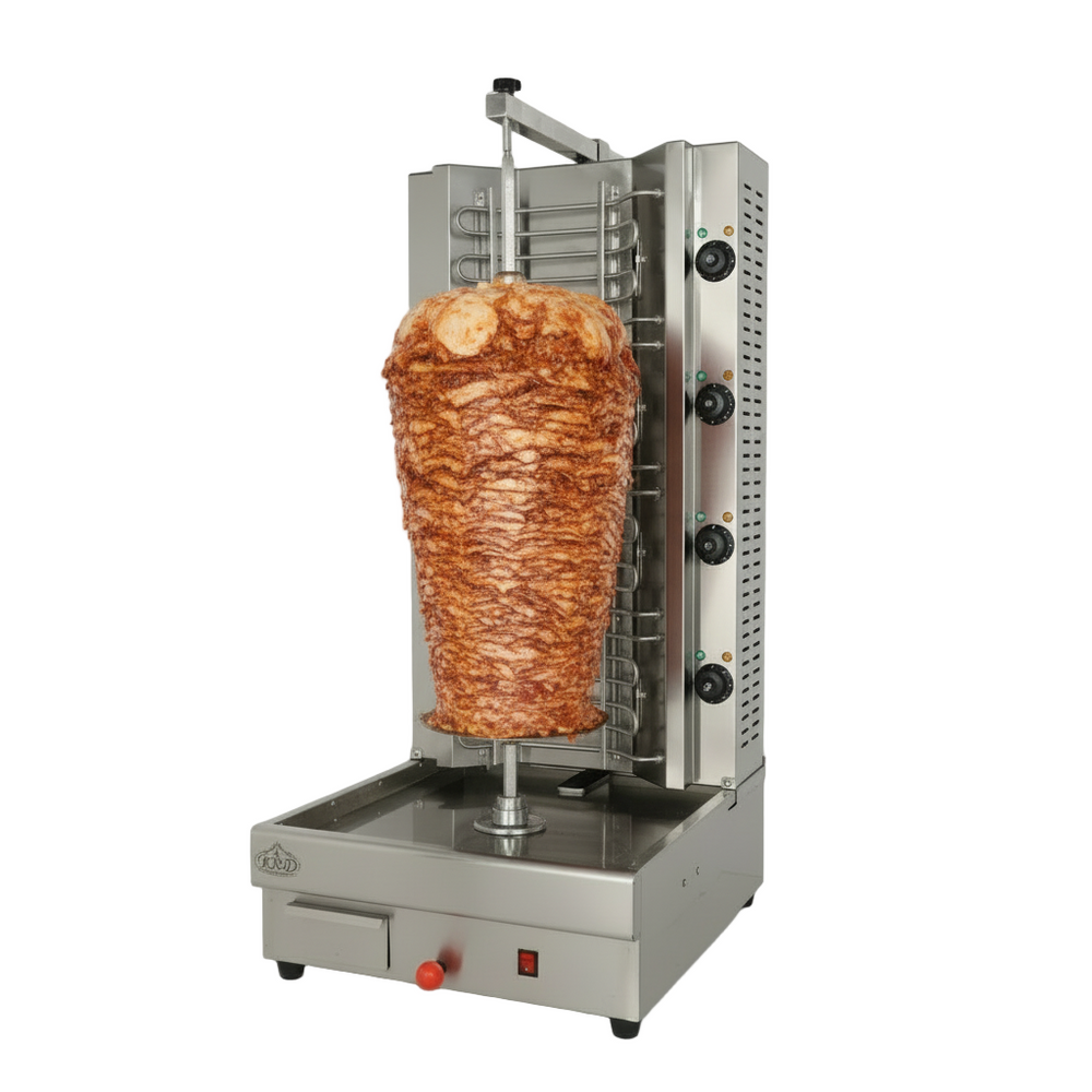 Doner kebab machine with a cooked kebab on a white background