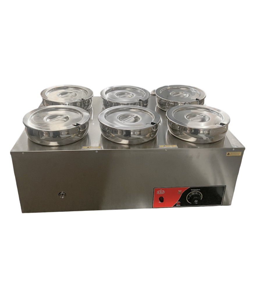KRD Commercial 6 Hot pots Round Bain Marie 6x 7 litres Countertop with stainless steel body and six 7-litre pots for commercial use.