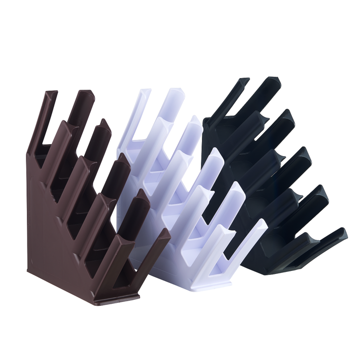 Tilted Coffee Cup Holder Rack 4-Slots Polypropylene Coloured showcasing brown, white, and black options for commercial catering.