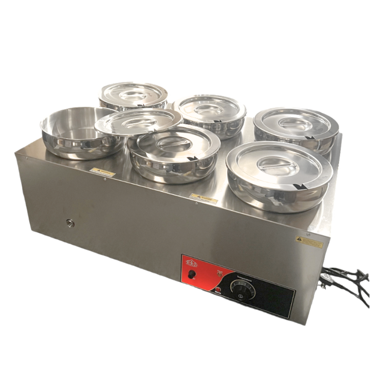 KRD Commercial 6 Hot pots Round Bain Marie 6x 7 litres Countertop, stainless steel, designed for commercial kitchen use, ideal for keeping food warm.