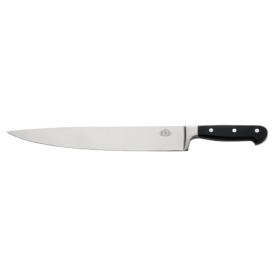 KRD 12" Chef Knife Black 2.5mm Thickness 50210 stainless steel blade for chopping, slicing in commercial kitchen equipment.