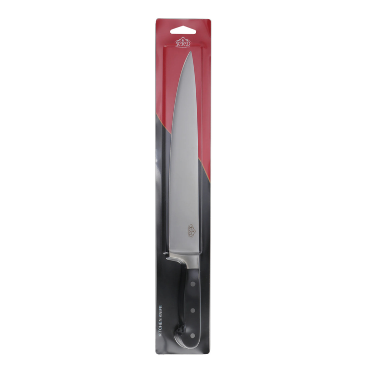 KRD 12" Chef Knife Black 2.5mm Thickness 50210 on packaging, perfect for commercial kitchen equipment tasks.