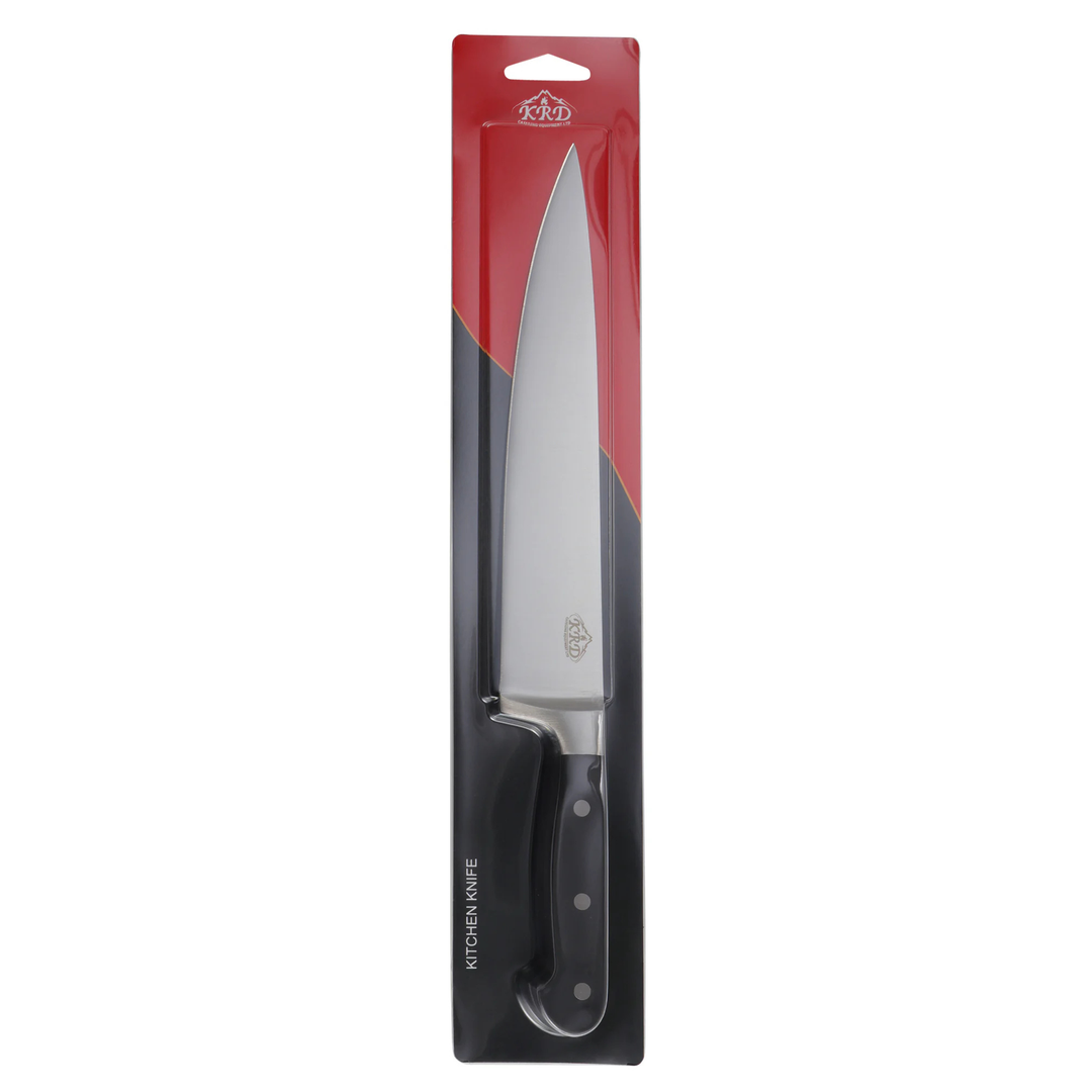 KRD 10" Chef Knife Black 2.5mm Thickness 50209, stainless steel blade, ideal for precise slicing in commercial kitchens.