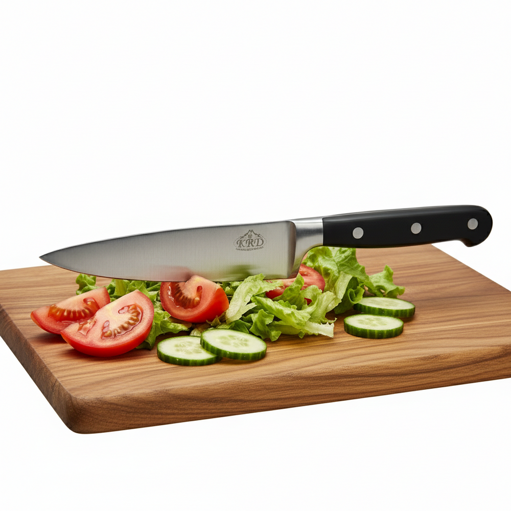 KRD 6" Chef Knife Black 2.5mm Thickness 50244 used for slicing vegetables on a wooden cutting board.