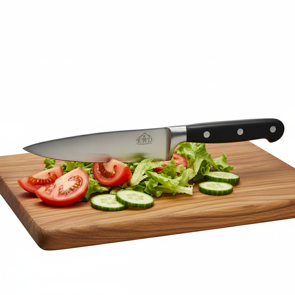 KRD 6" Chef Knife Black 2.5mm Thickness 50244 used for slicing vegetables on a wooden cutting board.