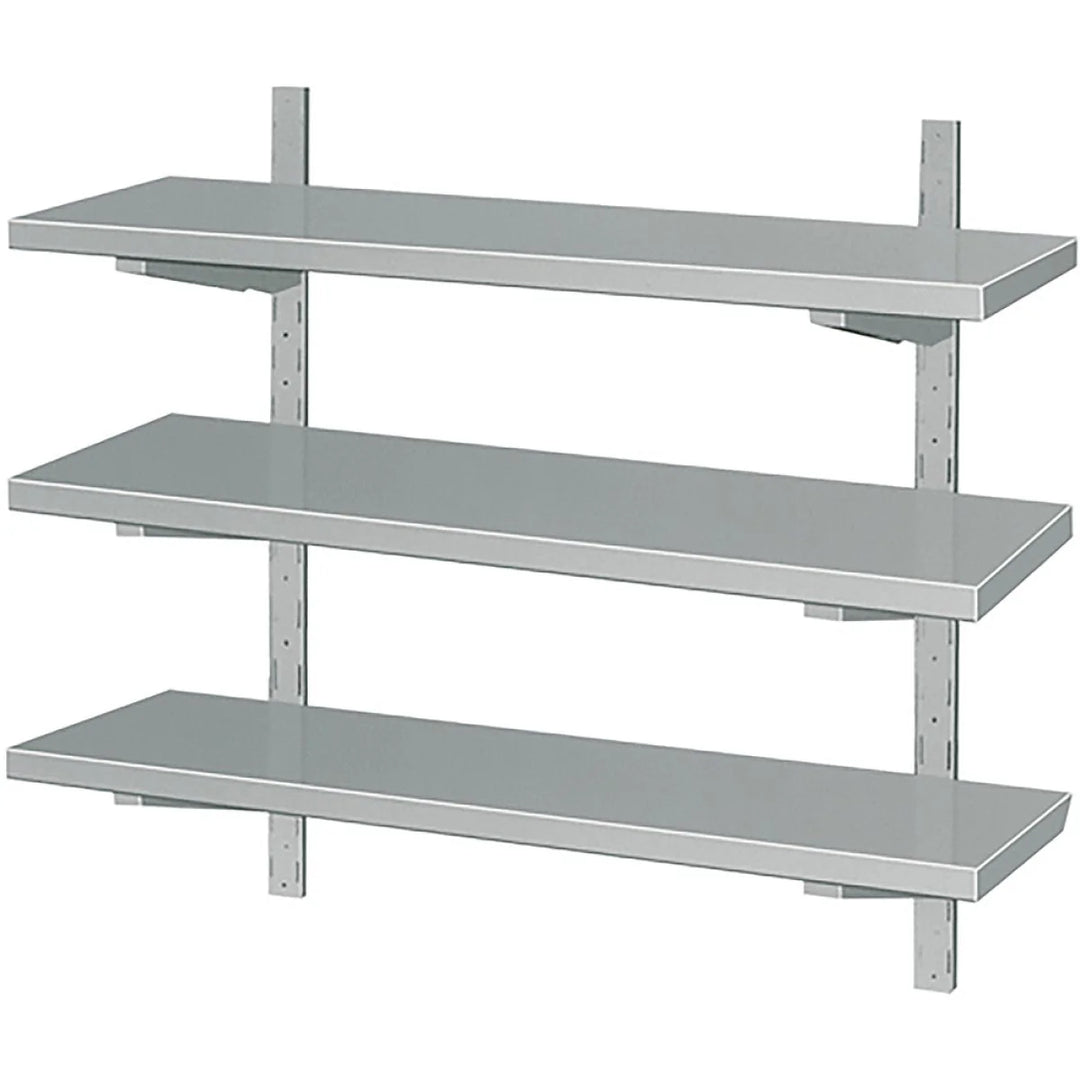 Metal shelving unit with three shelves on a white background