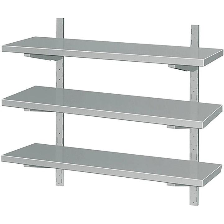 Metal shelving unit with three shelves on a white background