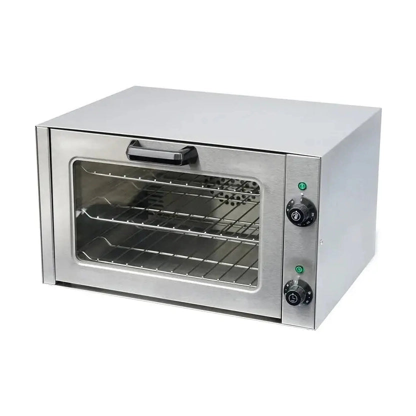 A silver KRD commercial electric convection oven with a glass door and two control knobs on the front.