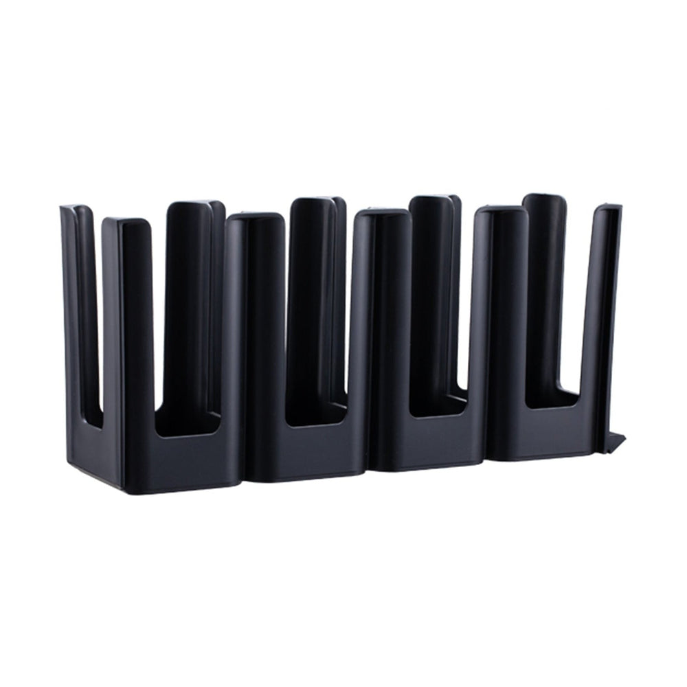Flat Coffee Cup Rack Holder 4-Slots Polypropylene, black cup holder with 4 compartments for organized coffee cups.