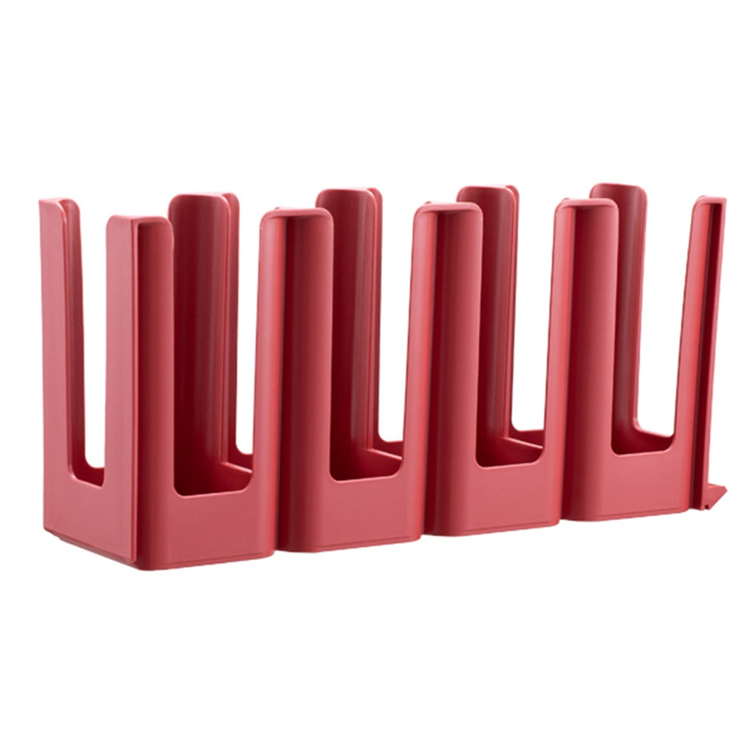 Flat Coffee Cup Rack Holder 4-Slots Polypropylene in red, designed for organizing paper coffee cups in commercial kitchen equipment.