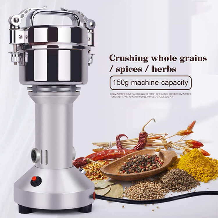 KRD Electric Grain Mill Spice Grinder for grains, spices, and herbs, featuring a 150g capacity and high-speed efficiency.