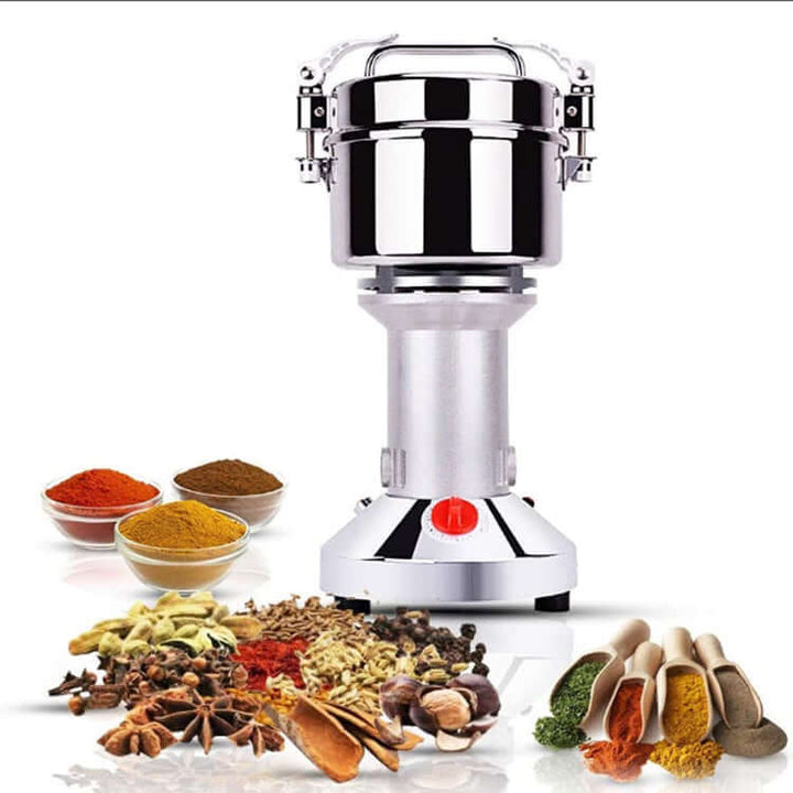 KRD Electric Grain Mill Spice Grinder with spices, showcasing high-speed grinding and compact design.