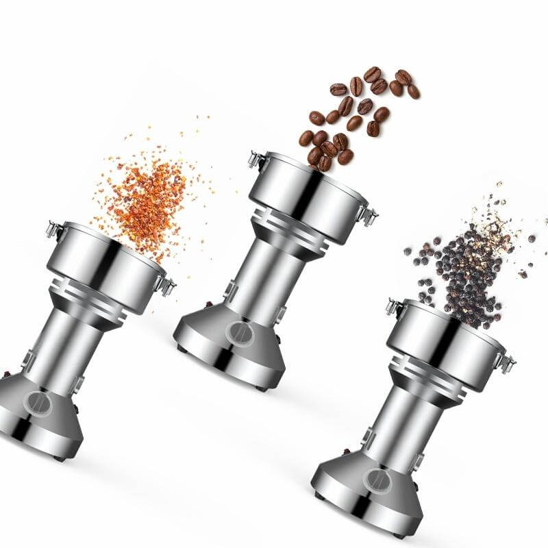 KRD Electric Grain Mill Spice Grinder showcasing ground spices and coffee beans in a sleek design.