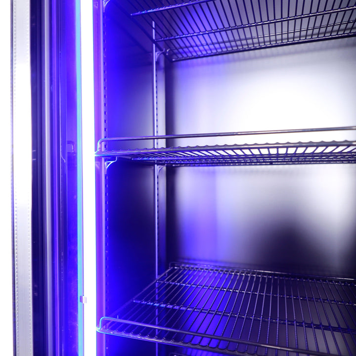 Interior view of KRD Upright Double Display Refrigerator 2 Hinged Glass Door 110cm LG41100LWA showing shelves and lighting.