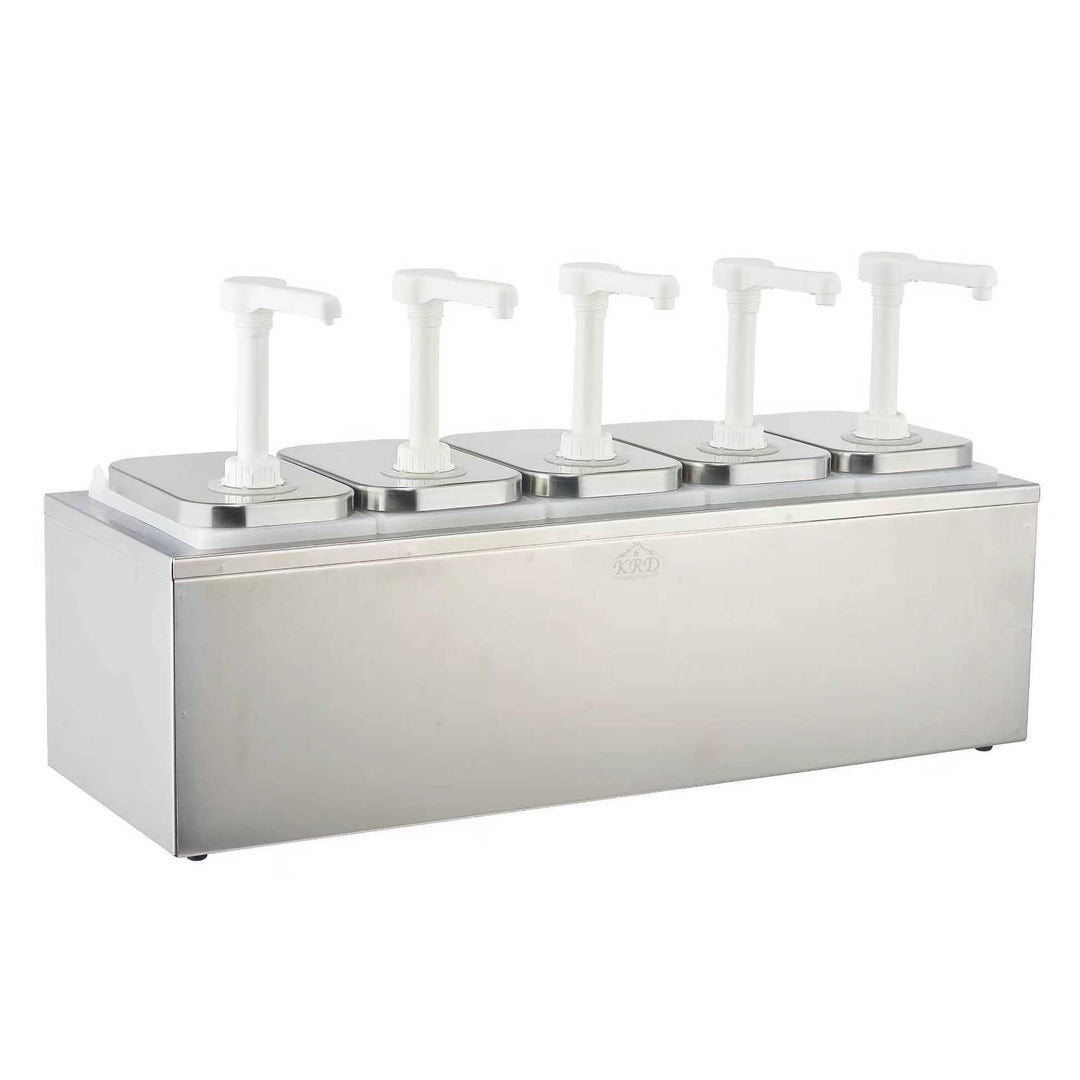 KRD Condiment/Sauce Dispenser with Plastic Pump 5 x 2 Litre, stainless steel, food-safe, ideal for restaurants and catering.