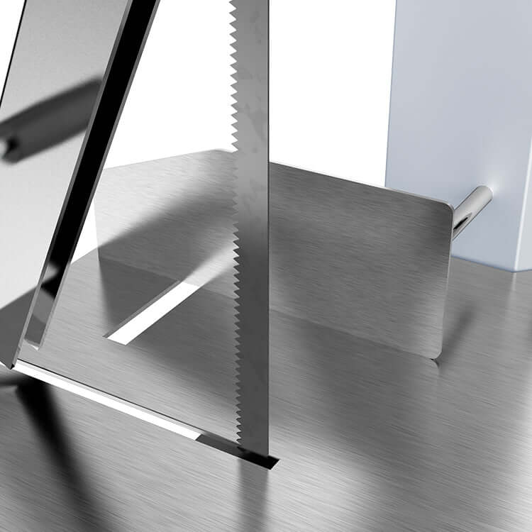 Close-up of KRD Professional Bone Saw blade and stainless steel cutting surface, showcasing durable design and hygiene.