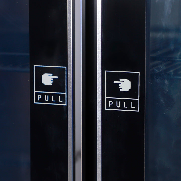 Close-up of the pull handles on the double glass doors of the KRD Upright Double Display Refrigerator 2 Hinged Glass Door 110cm LG41100LWA.