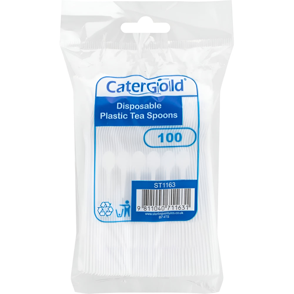Disposable plastic tea spoons in a 100-pack, model ST1163, suitable for various uses such as parties and cafes.