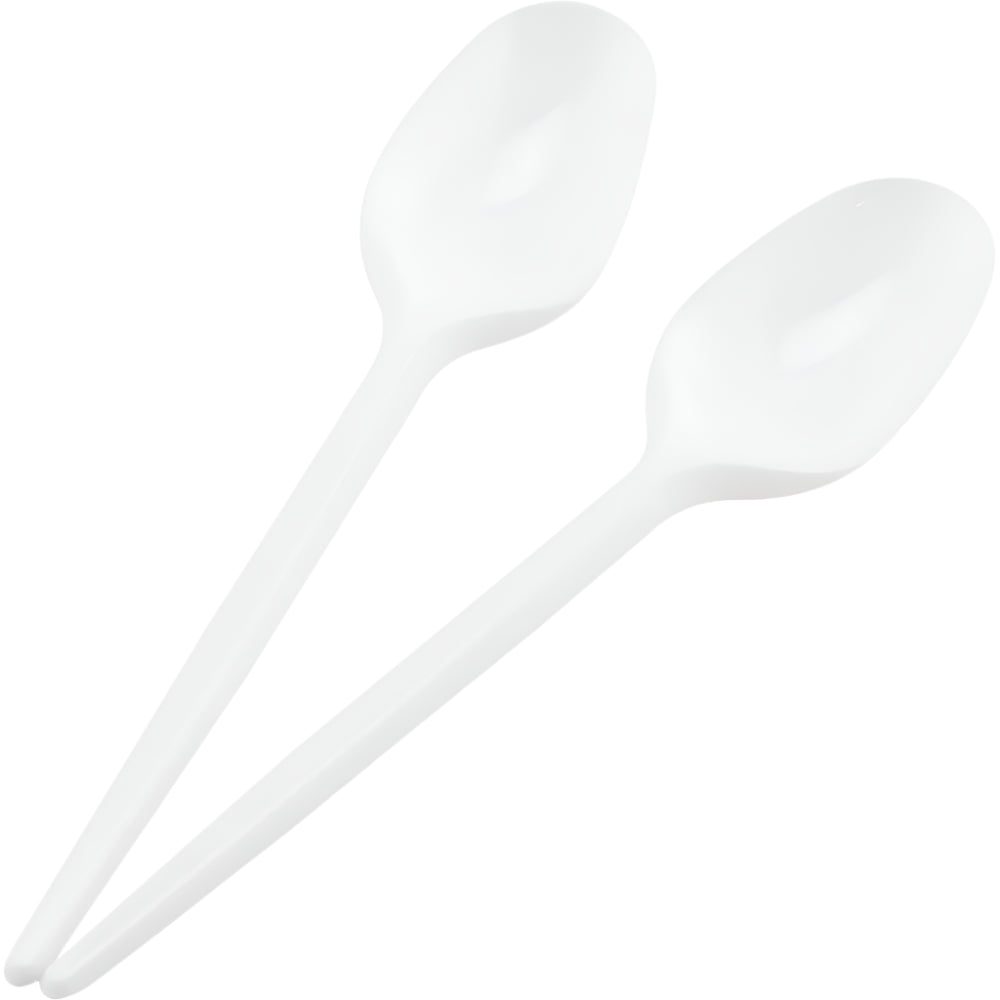 Disposable plastic tea spoons in white, lightweight, 100 pack, ideal for cafes and catering events.