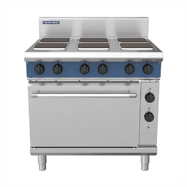 Blue Seal 6 Plate Static Oven Range 22.1kW E506S with six hob plates and high capacity static oven, stainless steel construction.