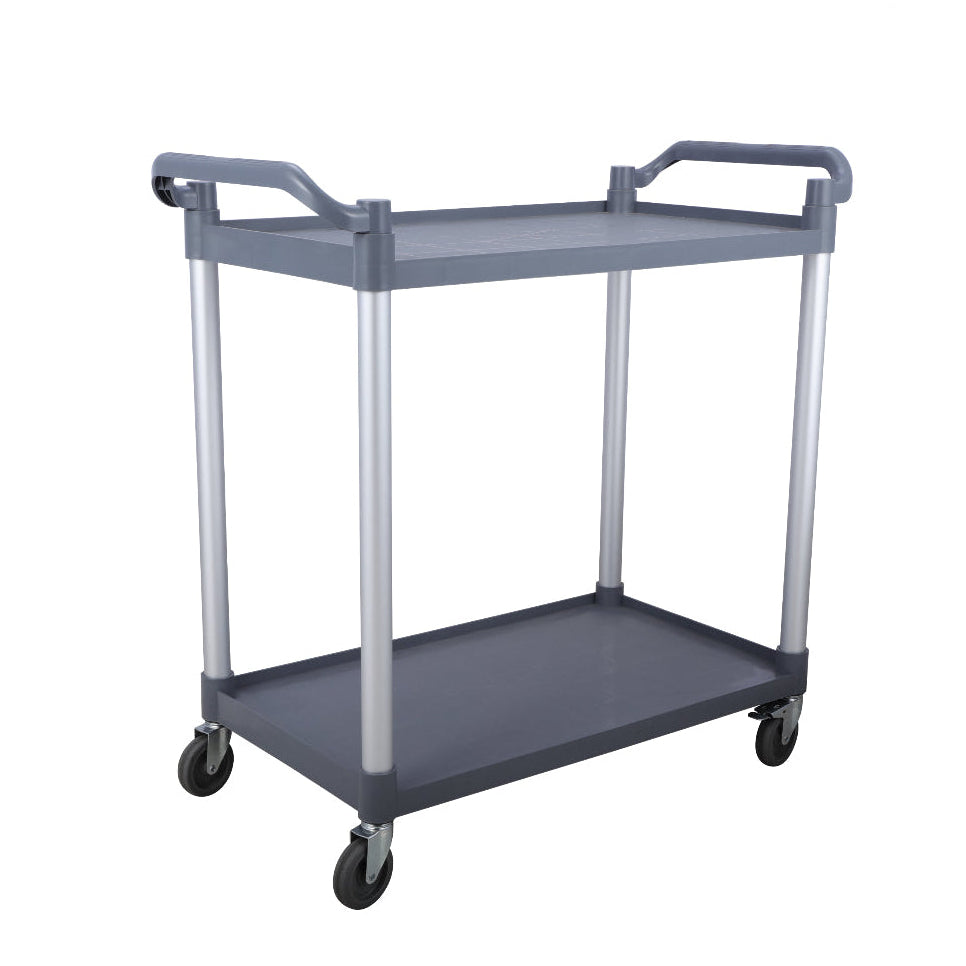 KRD 2 Tier Mobile Shelf Trolley 790mm Heavy Duty Service Cart, grey with aluminum uprights, suitable for commercial kitchen equipment.