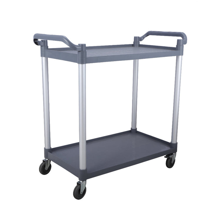 KRD 2 Tier Mobile Shelf Trolley 790mm Heavy Duty Service Cart, grey with aluminum uprights, suitable for commercial kitchen equipment.