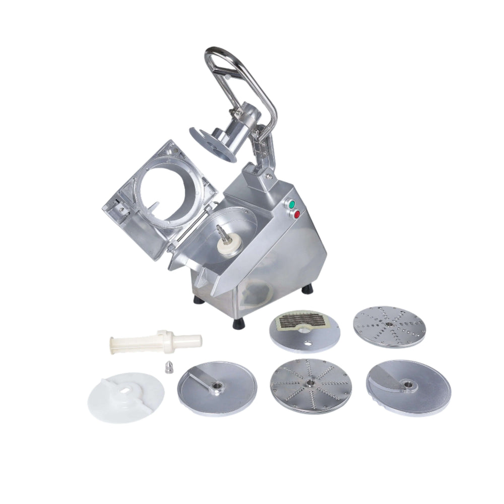 KRD Multi-Purpose Vegetable Prep Machine with 5 cutting discs for slicing, shredding, and dicing in a commercial kitchen.