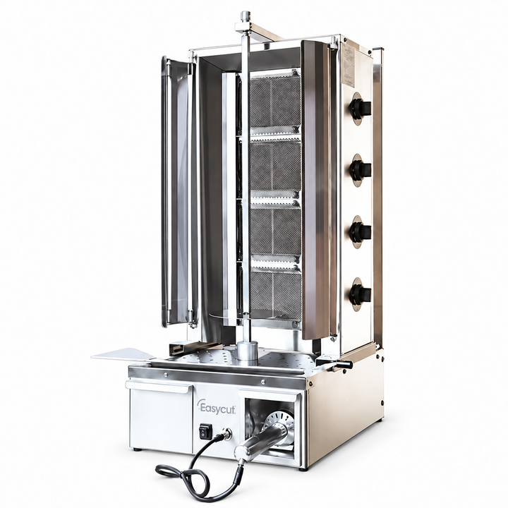 EasyCut I4G four-burner gas kebab machine with included 80mm knife in its lower bay, connected to the machine