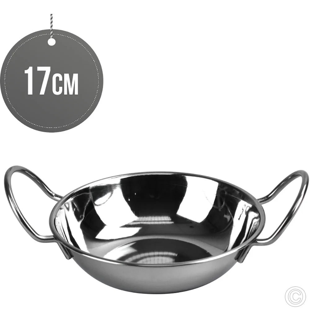 Flat bottomed balti serving dish, 17cm, stainless steel with dual-sided handles.