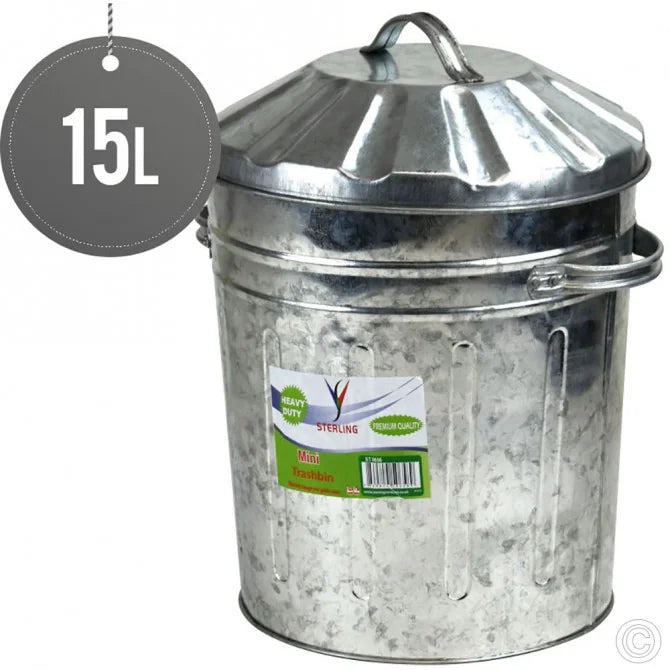 15L Small Galvanised Metal Dust Bin Recycling Waste Rubbish